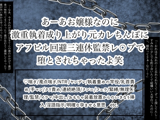 あーあお嬢様なのに激重執着成り上がり元カレちんぽにアフピル回避三連休監禁レ⚪︎プで堕とされちゃったよ笑